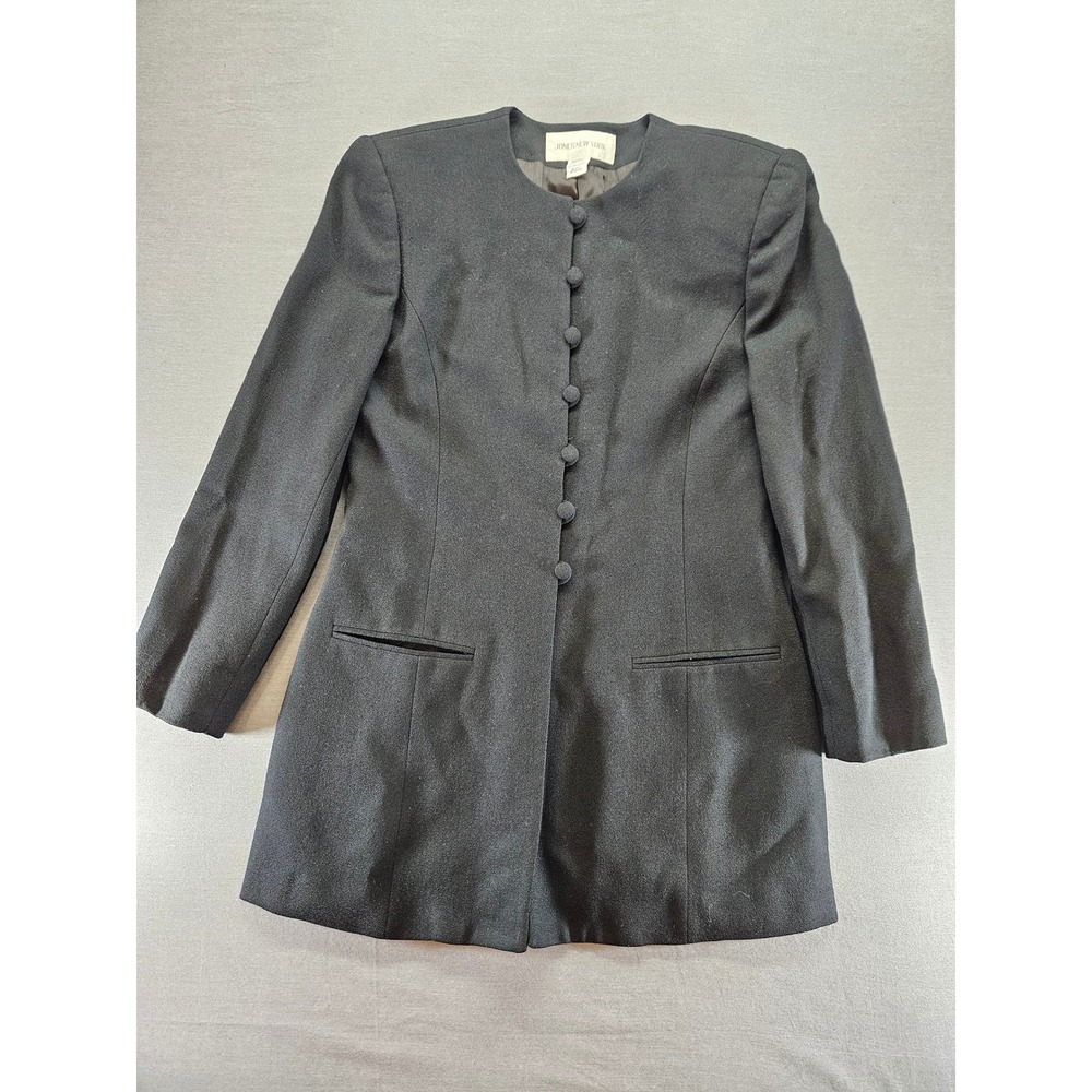 Jones New York Vintage Black Worsted Wool Collarless Longline Blazer Jacket 6